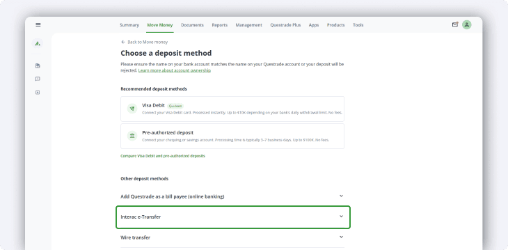 Interac deposit method